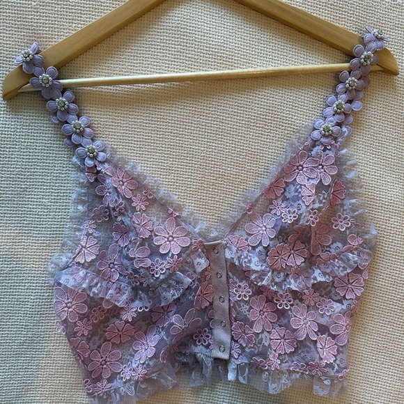 For Love And Lemons Rosette Cami Pink and Purple Floral Lace Bralette - Picture 2 of 8
